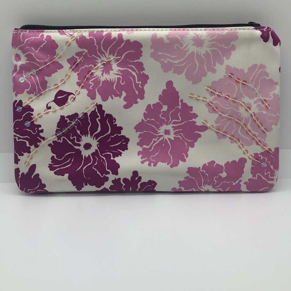 Floral zippered rectangular pouch.